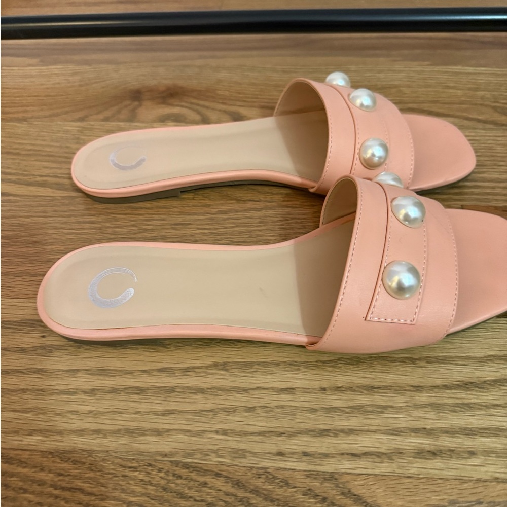 Elegant Pearl Embellished Pink Slide Sandals